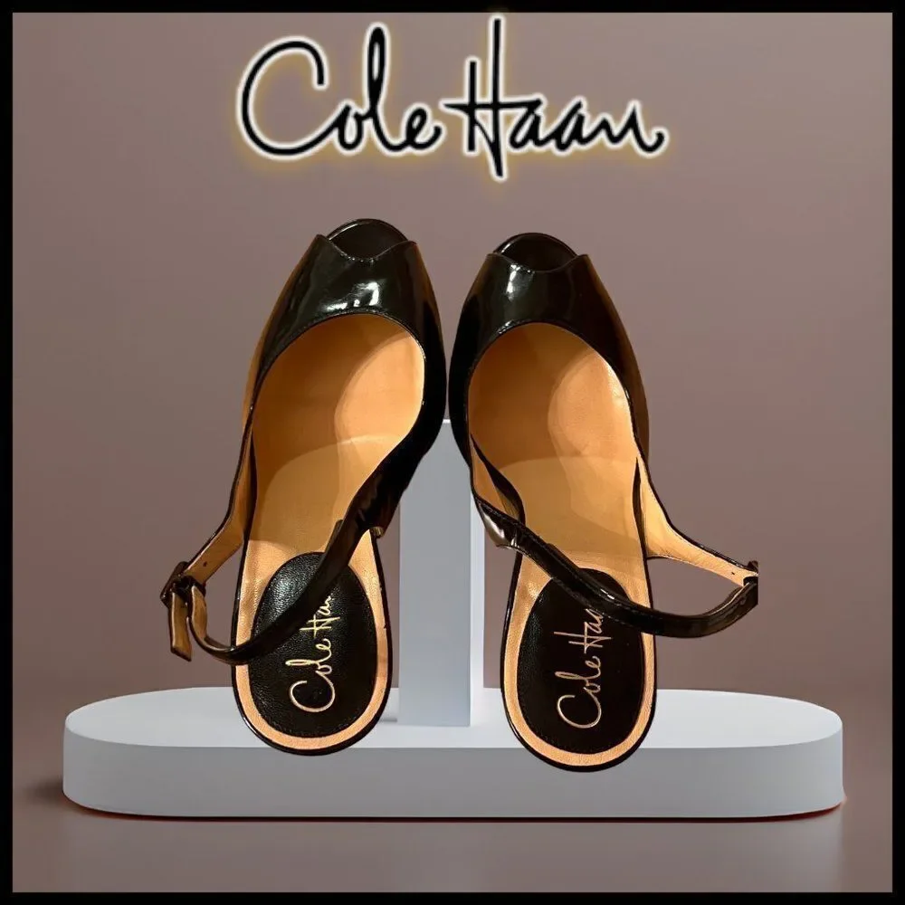 Cole Haan Air Women's Black Patent Leather Peep-Toe Slingback Heels Size 9 AA